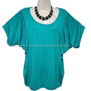 Womens Cotton Top, Short Sleeve Turquoise Top, Batwing Sleeve Top - M, XL- NEW